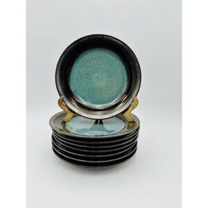 Mikasa Gourmet Basics Plates Jade 8.5" Set of 8 Stoneware Teal Brown Crackle